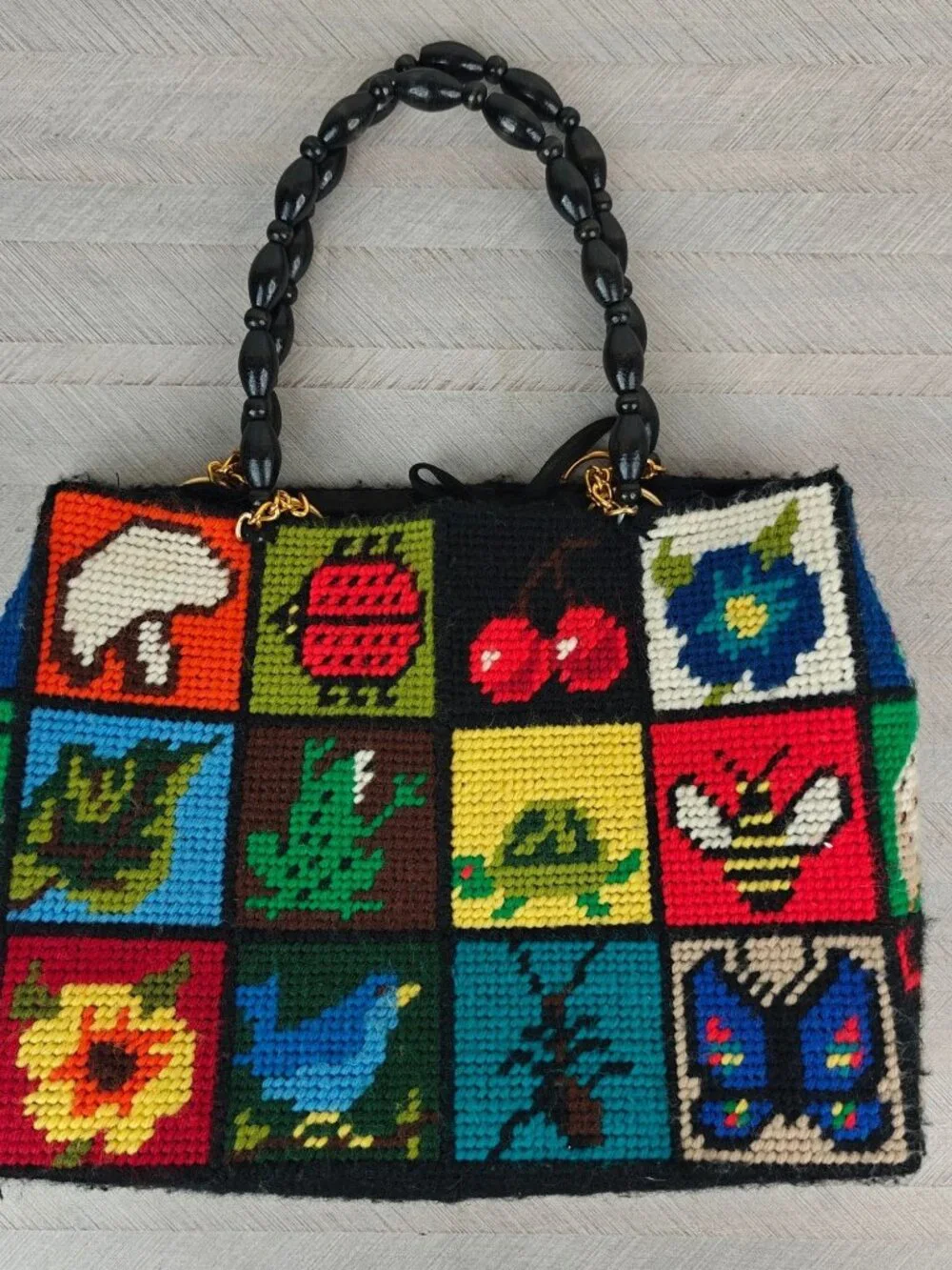 Vintage Handbag Crochet Multicolor Patchwork Beads Handle 1970s Handmade Art